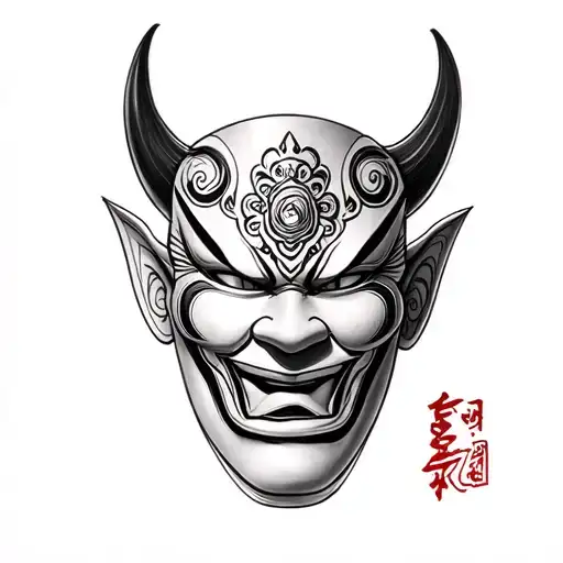 Black and white pencil sketch of a Hannya mask in realistic fine art style, with smooth shading and clean lines tattoo design idea