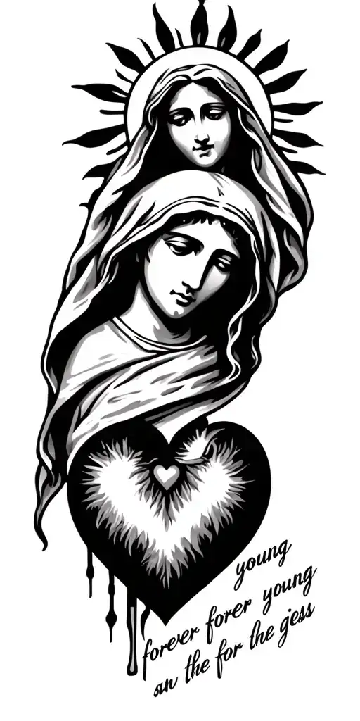 tattoo with a heart, below it should write "forever young" and above the heart a depiction of the Holy mother of jesus tattoo design idea