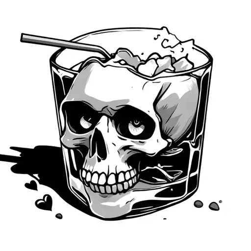 skull cartoon in whiskey glass broken with straw through eye and heart in mouth  tattoo design idea