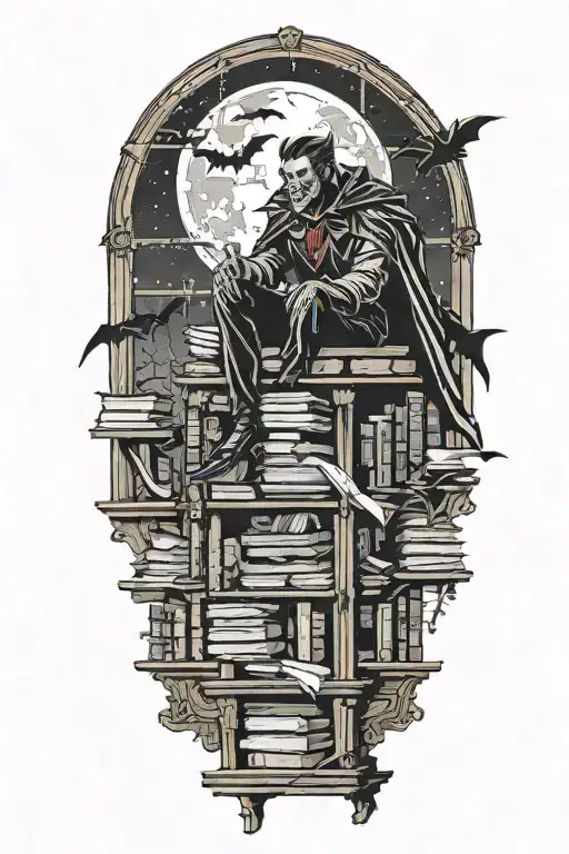 A vampire sitting atop of books. Full moon outside window. Bats flying and hanging. tattoo design idea