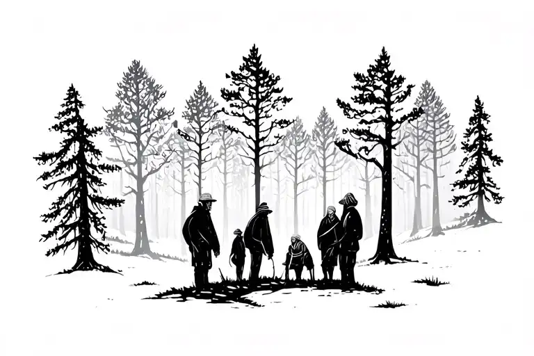 old people in dark forest tattoo design idea