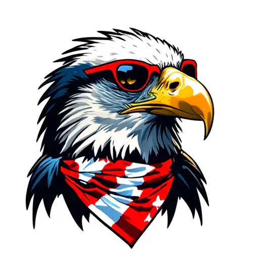 Bald Eagle wearing an American Flag bandana and red framed sunglasses with dark lenses. tattoo design idea