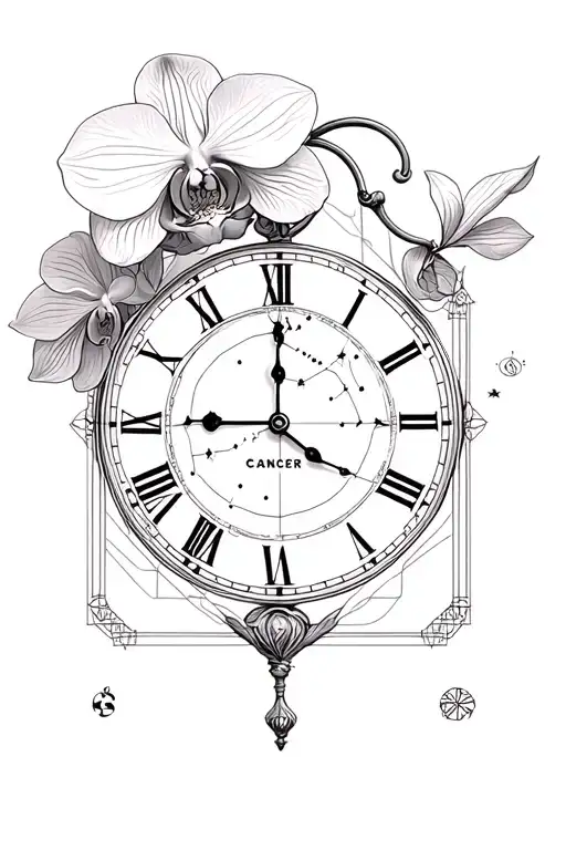 Realistic orchid, antique clock with Cancer constellation as hands, GPS coordinates, geometric elements, fine line,  tattoo design idea