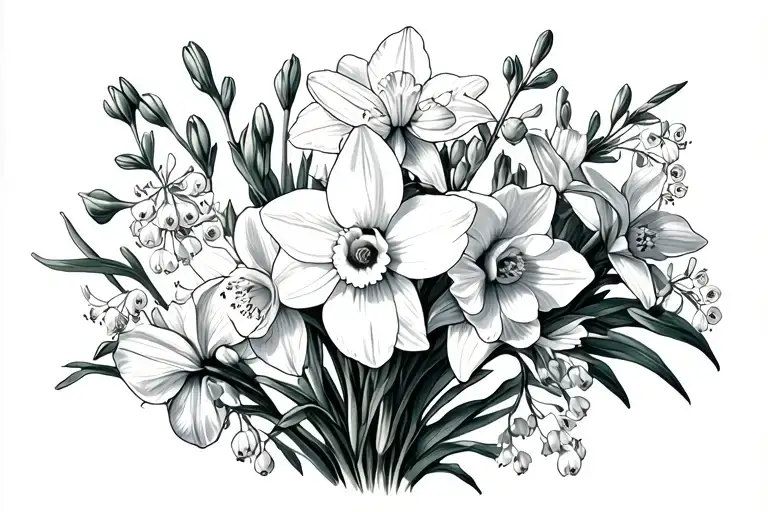 scientific botanical drawing of a grouping of daffodils, Lilly of the valley and larkspur flowers for use as a arm cuff  tattoo design idea
