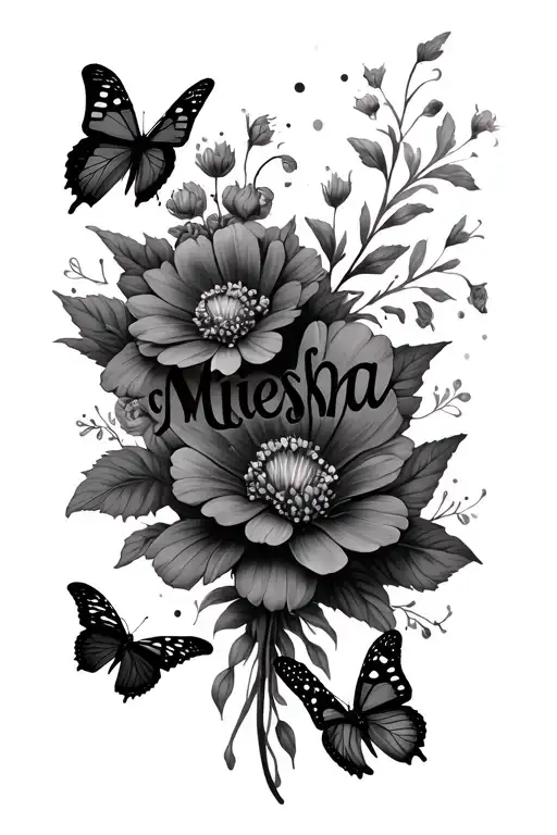 "Miesha " butterflies and flowers with a name written tattoo design idea
