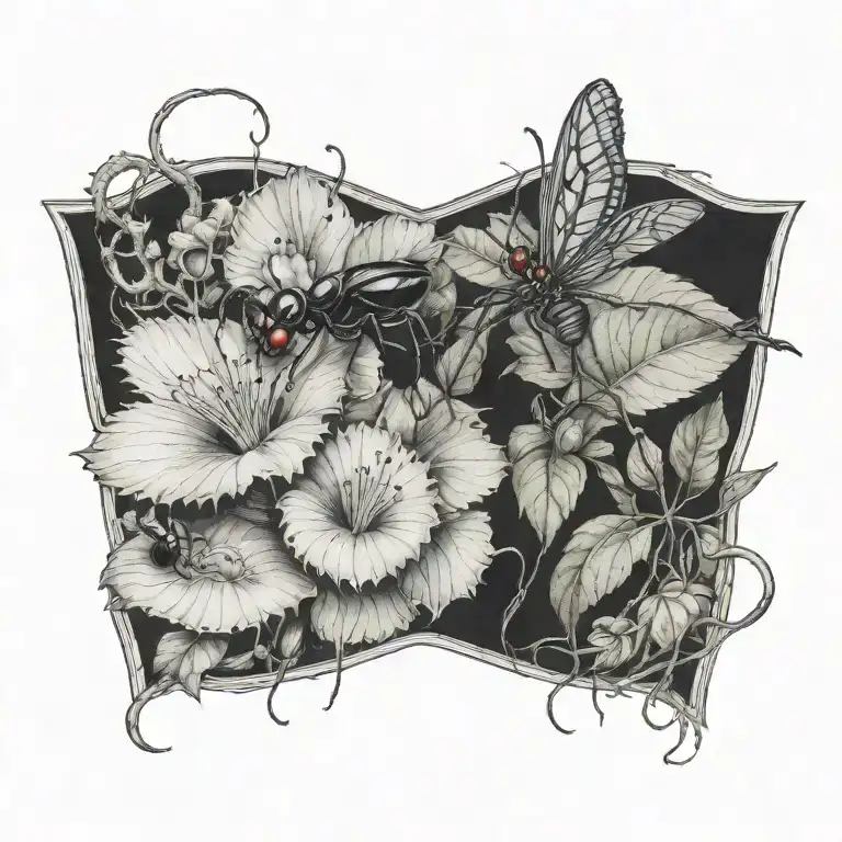 A tattoo design featuring a Venus flytrap and a black widow spider intertwined, set against a backdrop of a dark and mysterious rainforest tattoo design idea