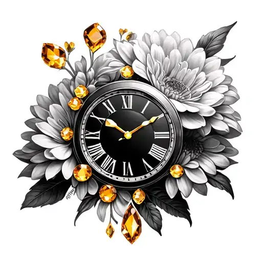 9:01 roman clock with chrysanthemum flowers and citrine birthstones tattoo design idea