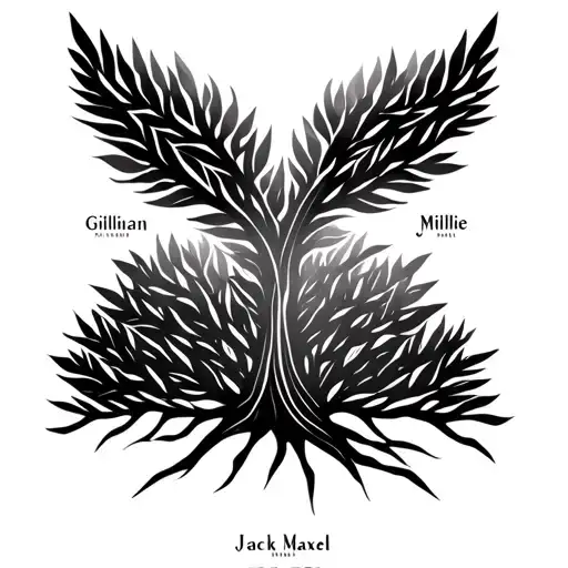 geometric tree with the names Gillian, Millie, Jack and Maxwell on it with shading and for the top of an arm  tattoo design idea