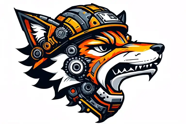 Mechanical Steampunk Robotic Fox head made with battery elements. Wearing a firefigher helmet. Multi-color tattoo design idea
