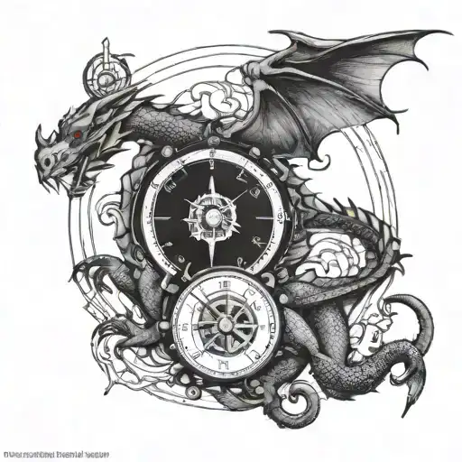 dragon with time compass  tattoo design idea