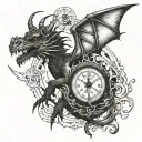 dragon with time compass  tattoo design idea