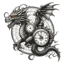 dragon with time compass  tattoo design idea