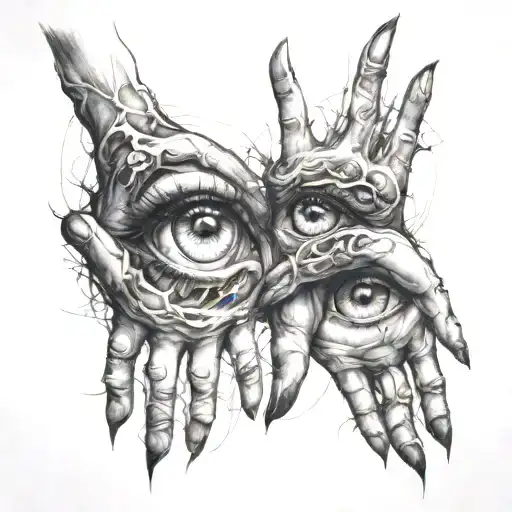 Sketch of eyes along the hands reaching out to each other in smoke tattoo design idea