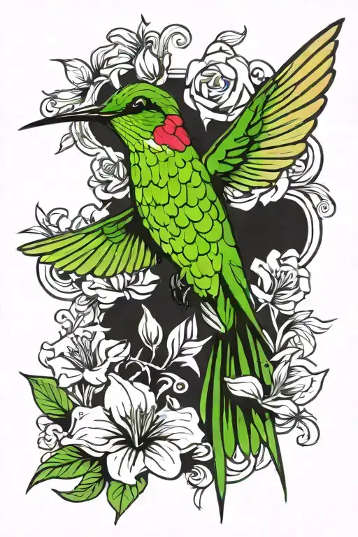humming bird with flowers tattoo design idea