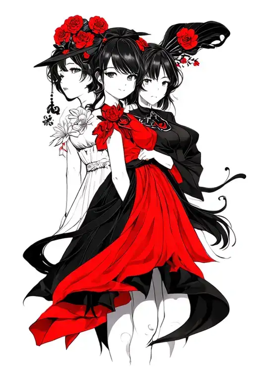 Black-and-gray tattoo design with the elegant Monogatari characters. The characters will be Nadeko, Koyomi, Ougi  tattoo design idea