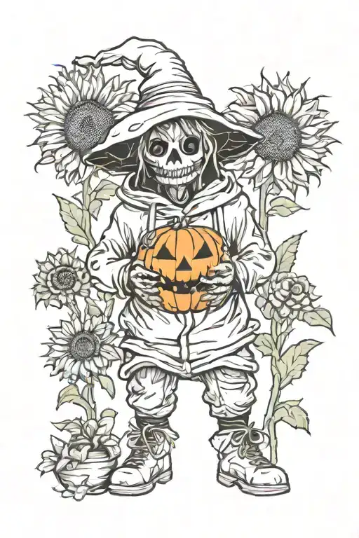 jack-o'-lantern sunflower scarecrow hoodie tattoo design idea
