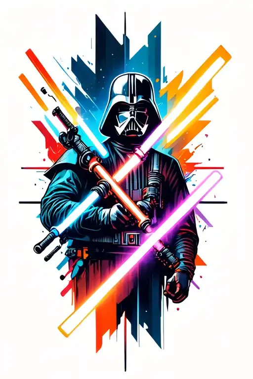 An abstract geometric design incorporating elements from all the different lightsabers in a neotraditional style tattoo design idea