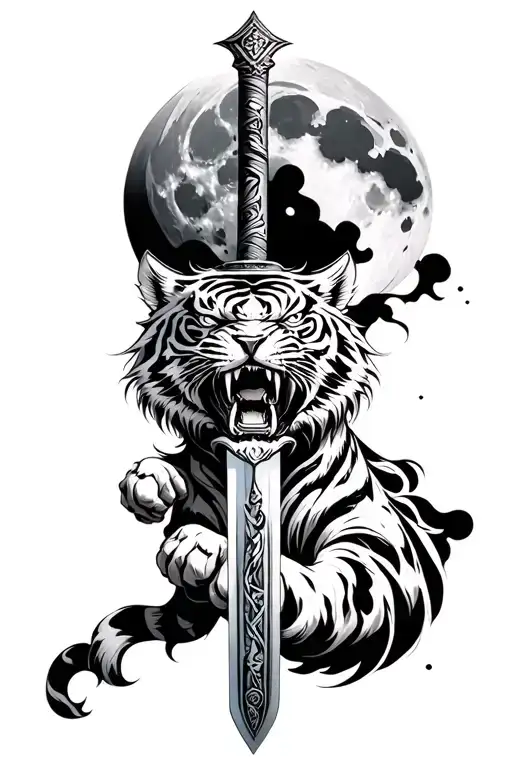 Blackwork Tigre angry roaring, straight sword, Black growing moon background, 20cm vertical forearm tattoo design idea