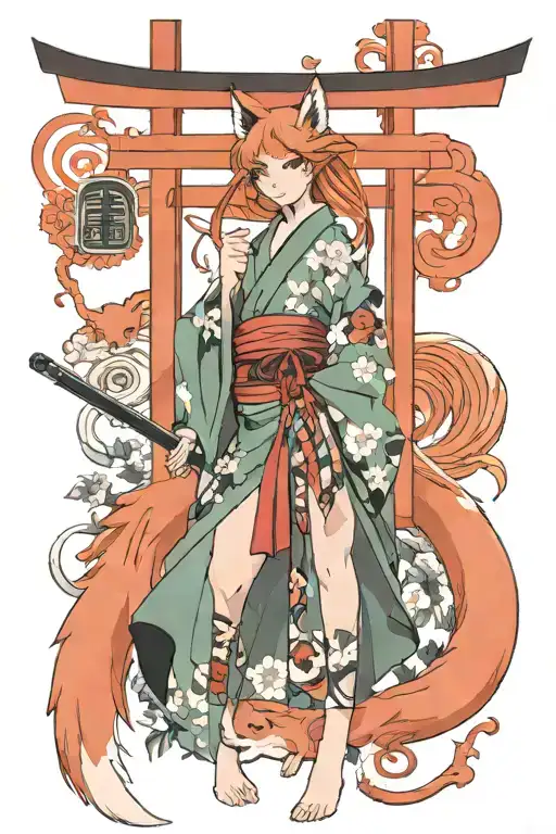9 tailed fox over a torii and a sensual kitsune girl full body with a katana tattoo design idea