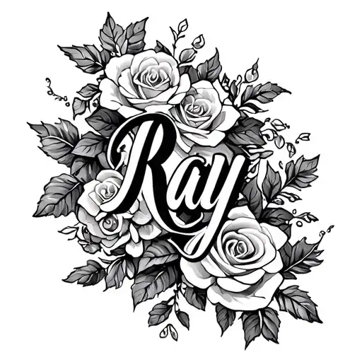 black-and-white with the name, Ray on a female wrist in thin lettering with elegant vines and roses around it in 3-D tattoo design idea