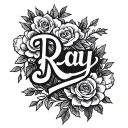black-and-white with the name, Ray on a female wrist in thin lettering with elegant vines and roses around it in 3-D tattoo design idea