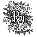 black-and-white with the name, Ray on a female wrist in thin lettering with elegant vines and roses around it in 3-D tattoo design idea