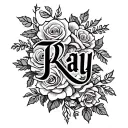 black-and-white with the name, Ray on a female wrist in thin lettering with elegant vines and roses around it in 3-D tattoo design idea