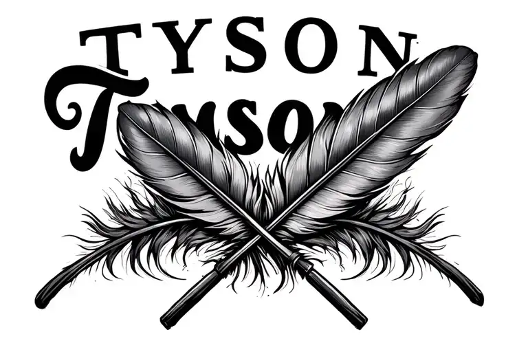 2 feathers crossed with the word Tyson above them with no background and a realistic, full feather tattoo design idea