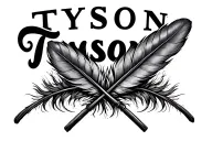 2 feathers crossed with the word Tyson above them with no background and a realistic, full feather tattoo design idea