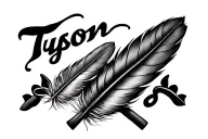 2 feathers crossed with the word Tyson above them with no background and a realistic, full feather tattoo design idea