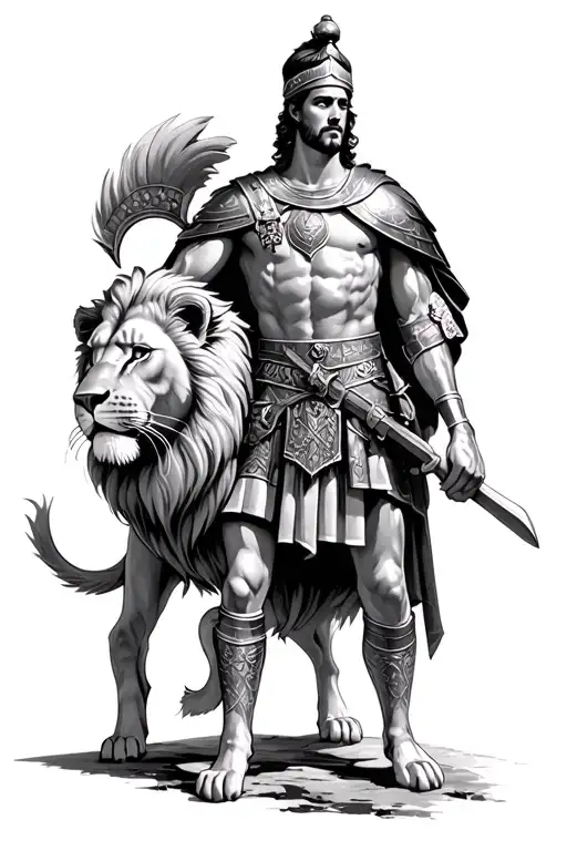 Roman soldier with lion surrounded tattoo design idea