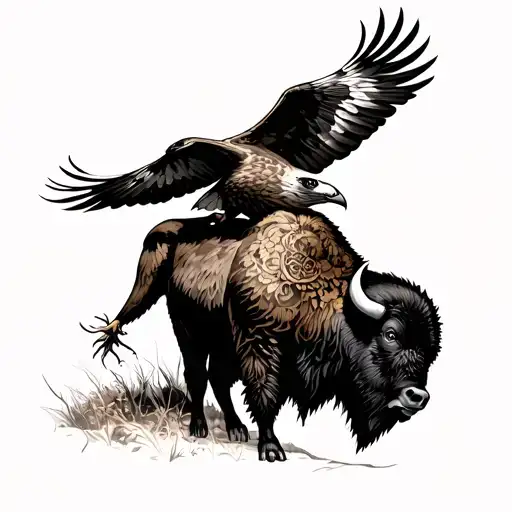 neotraditional sleeve with a hawk flying and a bison tattoo design idea