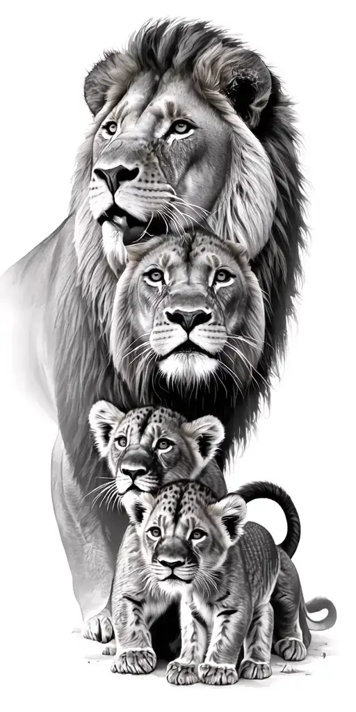 lion family father looking over mother and 2 cubs with the African background  tattoo design idea