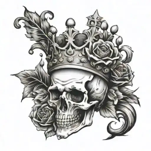 skull with a king crown and roses on fire and an aries on the clouds on arm tattoo design idea