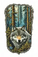 wolf blue eyes howling forest landscape tattoo design idea