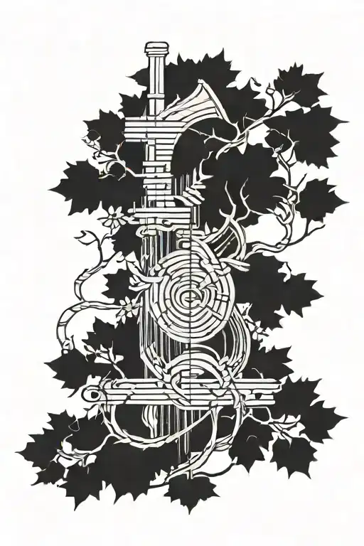 A sleeve tattoo depicting a musical staff intertwined with branches of oak, pine, birch, and apple trees tattoo design idea