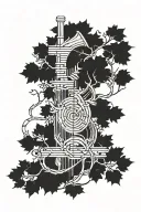 A sleeve tattoo depicting a musical staff intertwined with branches of oak, pine, birch, and apple trees tattoo design idea
