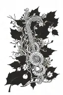 A sleeve tattoo depicting a musical staff intertwined with branches of oak, pine, birch, and apple trees tattoo design idea