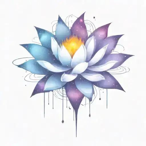 deep space themed objects and orbiting stars with trajectories around the lotus. dark colors, lexploding star in center  tattoo design idea