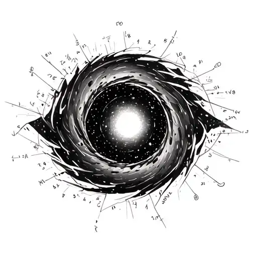 black hole made of physics equations and numbers, abstract, brutalist tattoo design idea