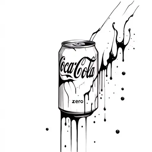 handpoke tattoo design, black ink, a melting can of Coca-Cola Zero, sketchy style, organic lines, drips and splatters, s tattoo design idea