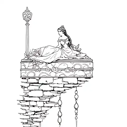 Tattoo-style black and white line art of the Princess and the Pea. A fragile, tired princess lies atop a precarious stac tattoo design idea