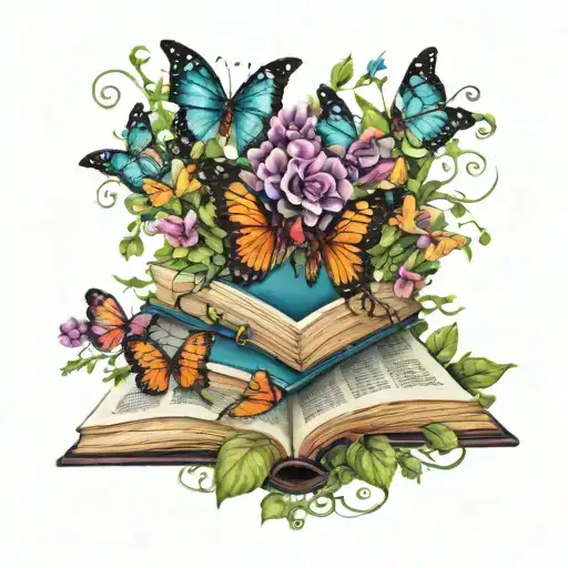 from with open books butterflies, vines and flowers swirling around in dark jewel tone colors tattoo design idea