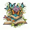 from with open books butterflies, vines and flowers swirling around in dark jewel tone colors tattoo design idea