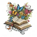 from with open books butterflies, vines and flowers swirling around in dark jewel tone colors tattoo design idea
