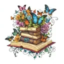 from with open books butterflies, vines and flowers swirling around in dark jewel tone colors tattoo design idea