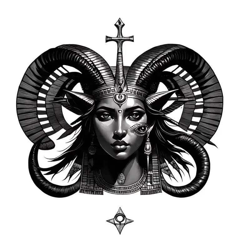 BLACK CAPRICORN GODDESS WITH EGYPTIAN ELEMENTS AND AN ANKH AND THIRD EYE tattoo design idea