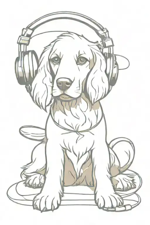 An intricate tattoo featuring a cocker spaniel  wearing headphones, representing the client's passion for music and dogs tattoo design idea
