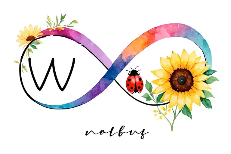 infinity sign with w names in cursive font sunflower on one side lady bug on the other tattoo design idea