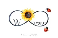 infinity sign with w names in cursive font sunflower on one side lady bug on the other tattoo design idea